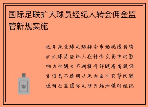 国际足联扩大球员经纪人转会佣金监管新规实施 国际足联扩大球员经纪人转会佣金监管新规实施